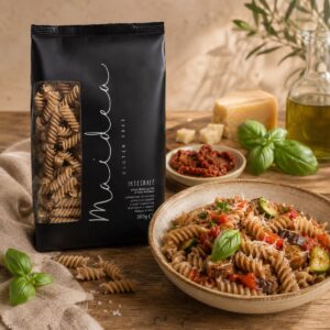 Fusilli integral sin gluten Maidea servidos con verduras, tomate, albahaca y queso junto a su envase original