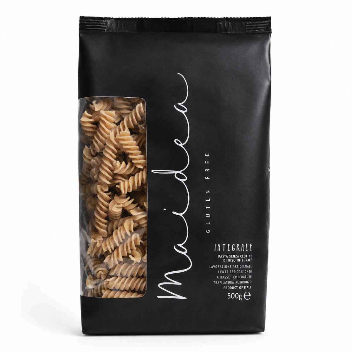 Fusilli Integral Sin Gluten Maidea Fusilli integral sin gluten Maidea 500 g en envase negro sobre fondo blanco