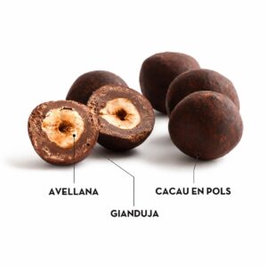 Gianduja BUBÓ Barcelona 190 g detalle con avellana, gianduja y cacao en polvo