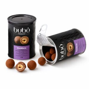 Gianduja BUBÓ Barcelona 190 g en lata negra abierta con avellanas recubiertas