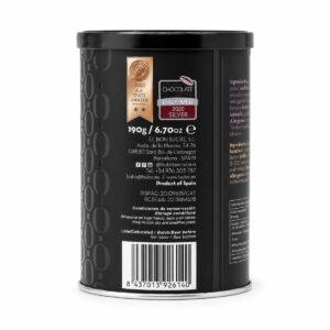 Etiqueta posterior de Gianduja BUBÓ Barcelona 190 g con premios, conservación, alérgenos e información nutricional