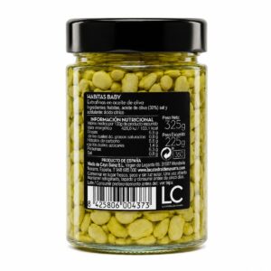 Etiqueta posterior de Habitas Baby Extrafinas en Aceite de Oliva La Catedral de Navarra 325 g con ingredientes e información nutricional