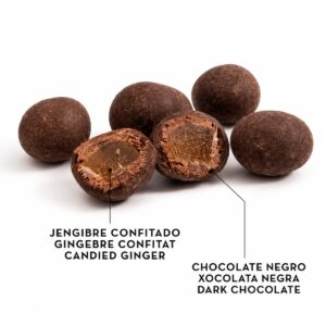 Jengibre Confitado con Chocolate Negro BUBÓ Barcelona 190 g detalle con pieza cortada