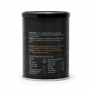 Etiqueta de Jengibre Confitado con Chocolate Negro BUBÓ Barcelona 190 g con ingredientes, alérgenos e información nutricional