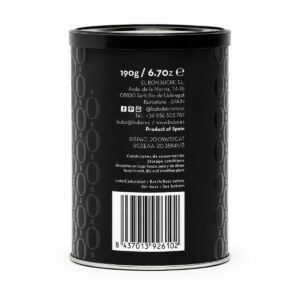 Etiqueta posterior de Jengibre Confitado con Chocolate Negro BUBÓ Barcelona 190 g con conservación, peso y código de barras