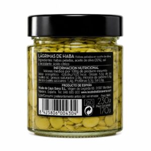 Etiqueta posterior de Lágrimas de Haba en Aceite de Oliva La Catedral de Navarra 230 g con ingredientes e información nutricional