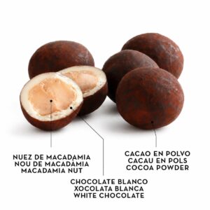 Nueces de Macadamia con Chocolate Blanco BUBÓ Barcelona 190 g detalle con cacao