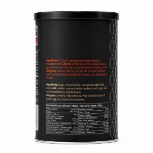 Etiqueta de Nueces de Macadamia con Chocolate Blanco BUBÓ Barcelona 190 g con ingredientes, alérgenos e información nutricional