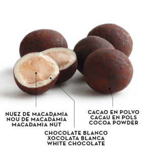 Macadamia con chocolate blanco BUBÓ Barcelona corte interior con cacao en polvo