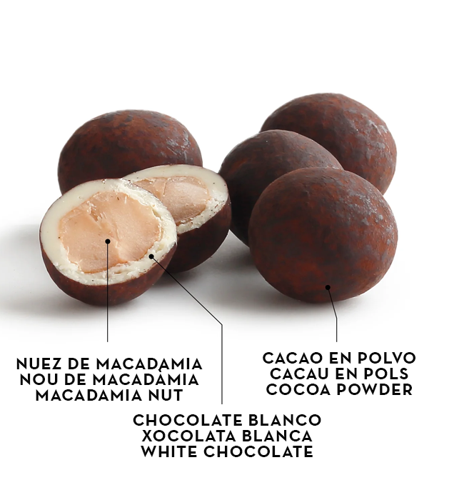 Macadamia Chocolate Blanco BUBÓ · Interior Macadamia con chocolate blanco BUBÓ Barcelona corte interior con cacao en polvo