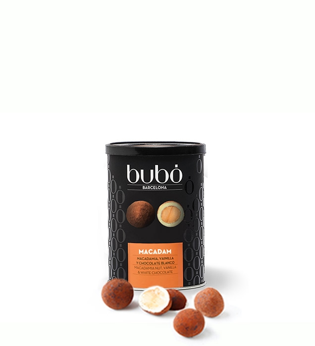 Macadamia con Chocolate Blanco BUBÓ Barcelona Nueces de macadamia con chocolate blanco BUBÓ Barcelona en lata premium
