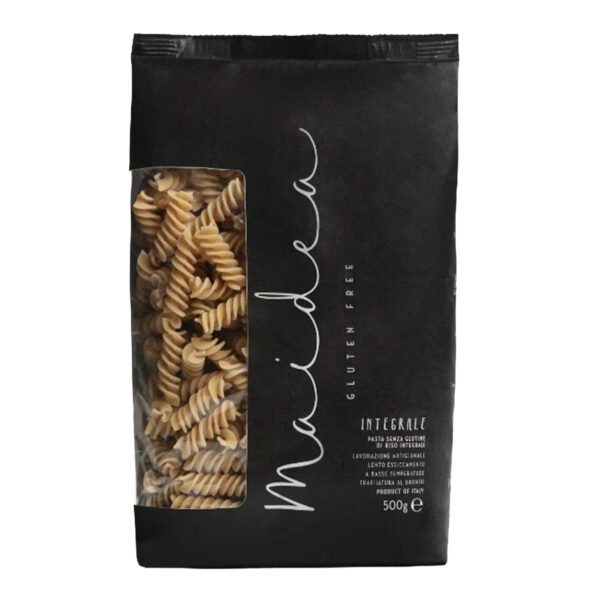 Pasta fusilli integral sin gluten Maidea 500 g en paquete negro