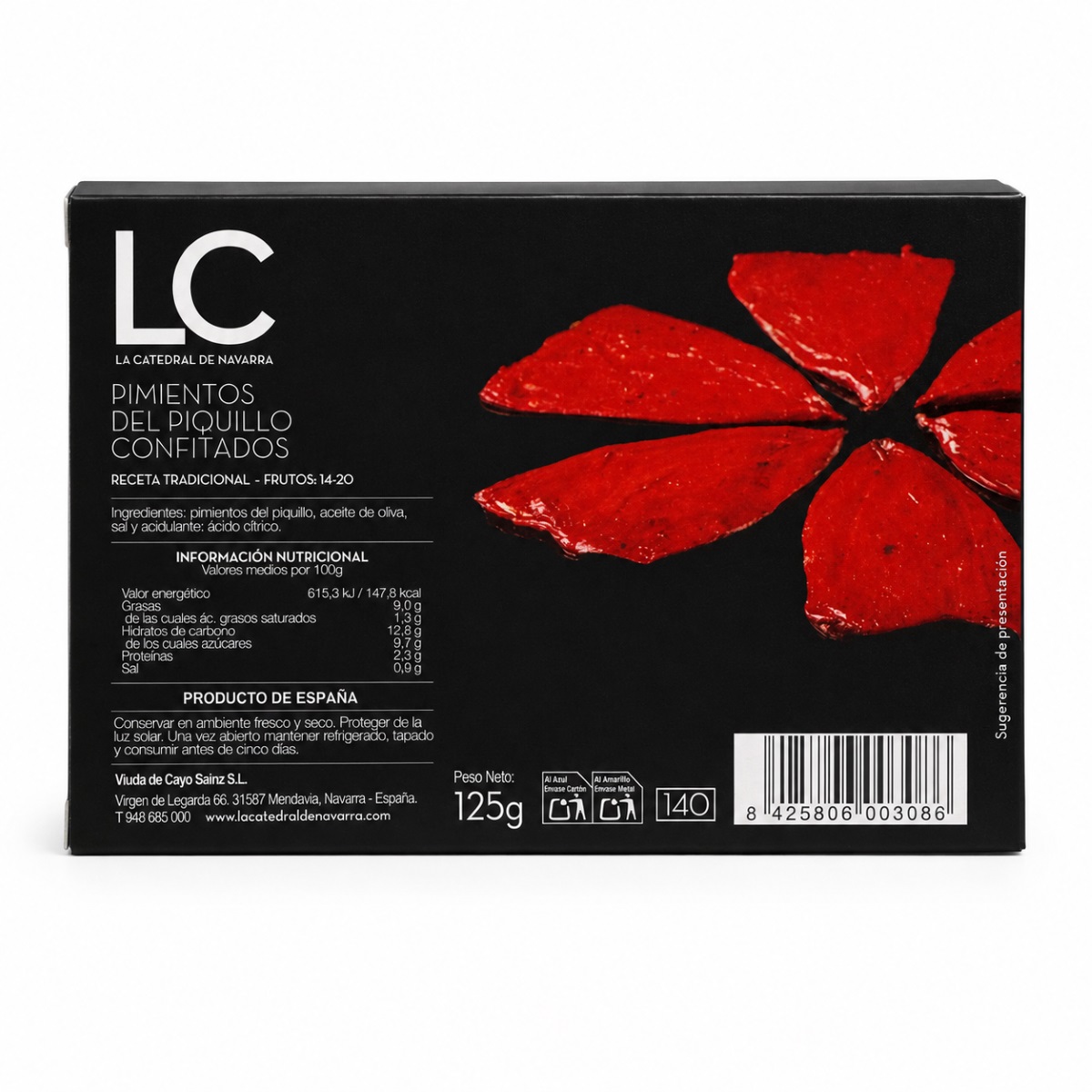 Pimientos del Piquillo Confitados de Lodosa La Catedral de Navarra · 125 g · Etiqueta Etiqueta posterior de Pimientos del Piquillo Confitados de Lodosa La Catedral de Navarra 125 g con ingredientes e información nutricional
