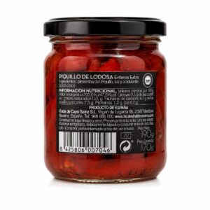 Etiqueta posterior de Pimientos del Piquillo de Lodosa DOP Extra La Catedral de Navarra 190 g con ingredientes e información nutricional