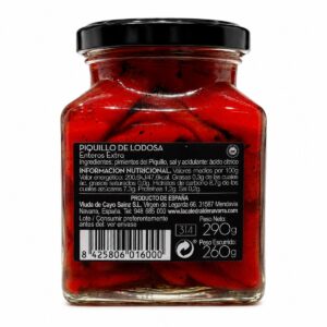 Etiqueta posterior de Pimientos del Piquillo de Lodosa DOP Extra La Catedral de Navarra 290 g con ingredientes e información nutricional