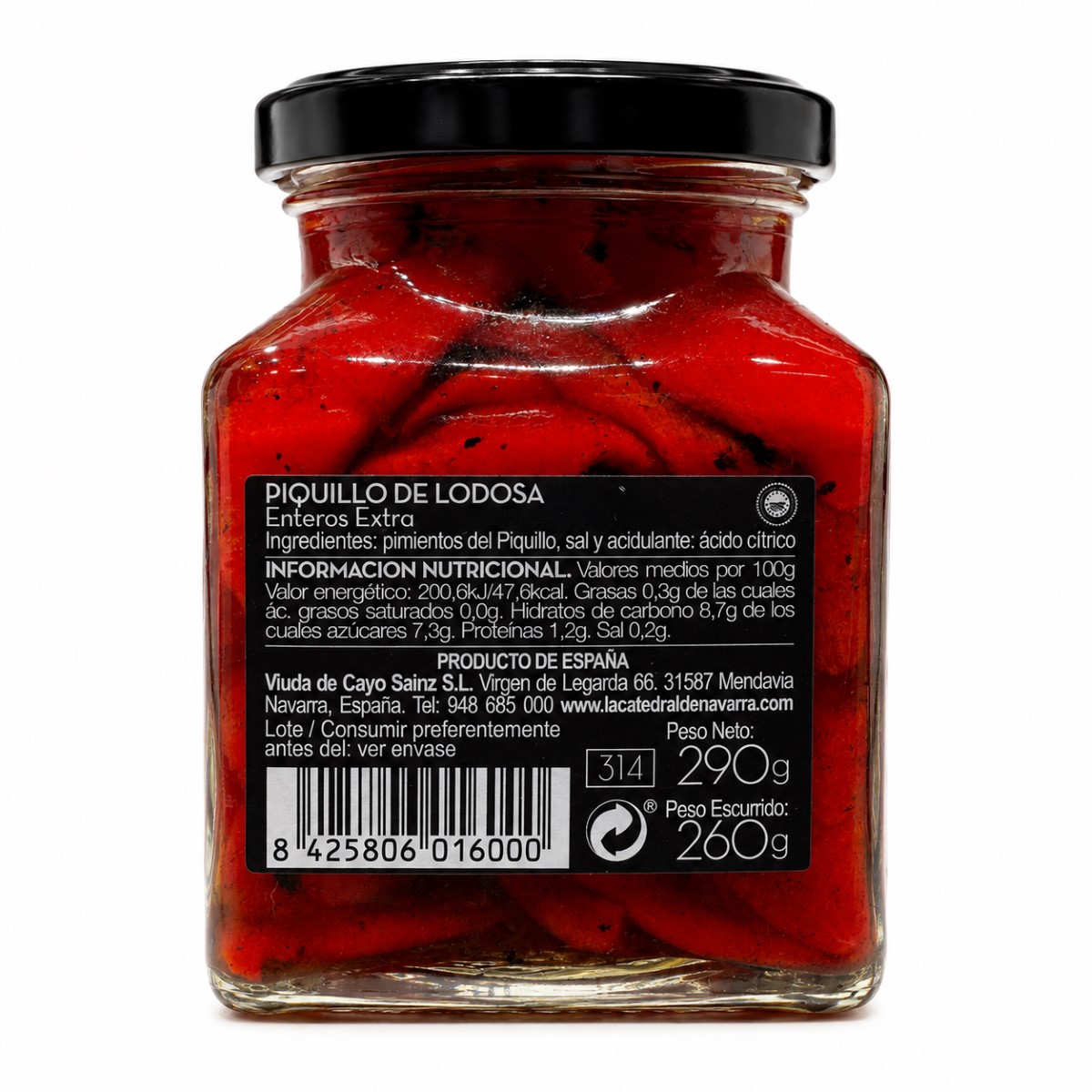 Pimientos del Piquillo de Lodosa DOP Extra La Catedral de Navarra · 290 g · Etiqueta Etiqueta posterior de Pimientos del Piquillo de Lodosa DOP Extra La Catedral de Navarra 290 g con ingredientes e información nutricional