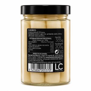 Etiqueta posterior de Puerros de Navarra en Conserva Extra La Catedral de Navarra 335 g con ingredientes e información nutricional