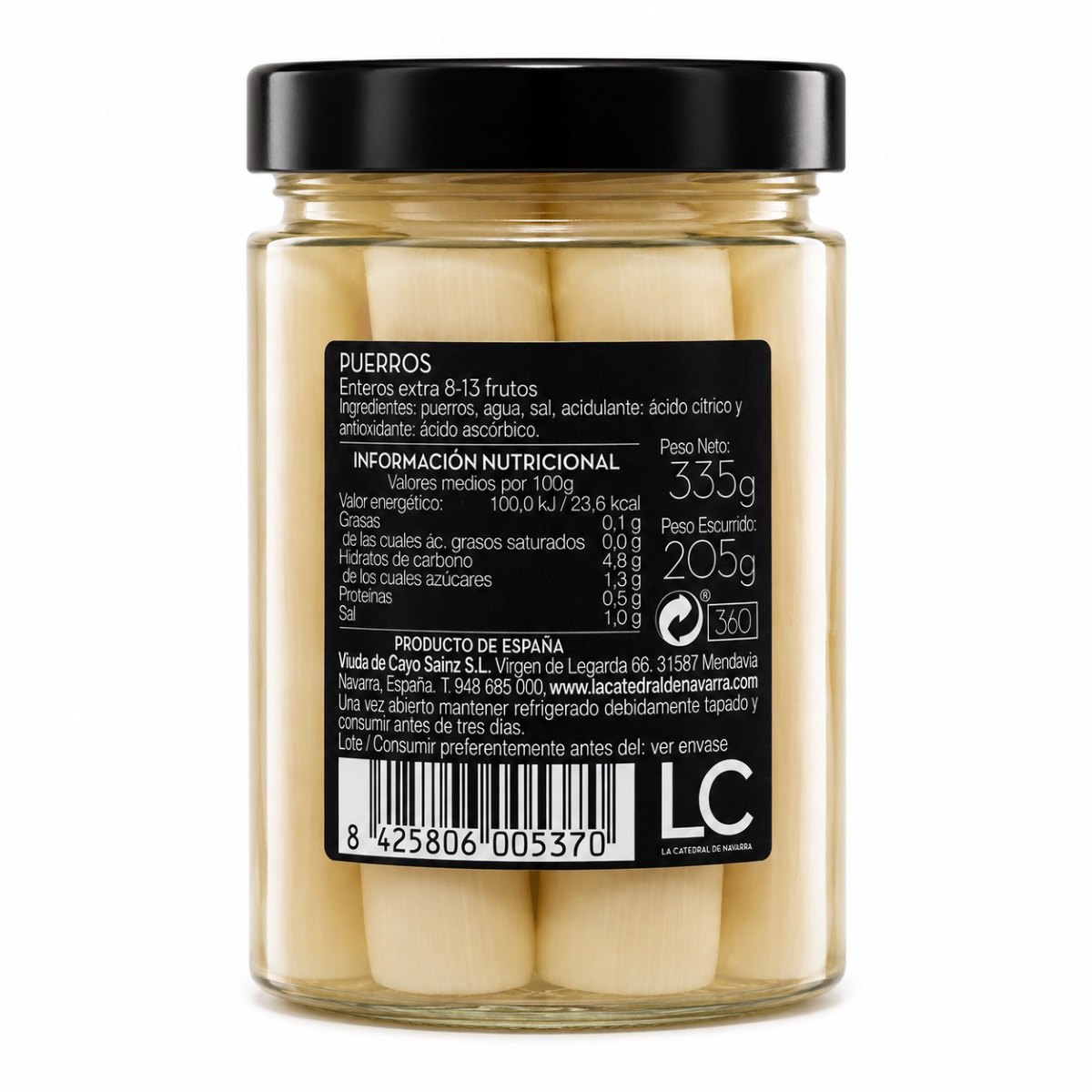 Puerros de Navarra en Conserva Extra La Catedral de Navarra · 335 g · Etiqueta Etiqueta posterior de Puerros de Navarra en Conserva Extra La Catedral de Navarra 335 g con ingredientes e información nutricional