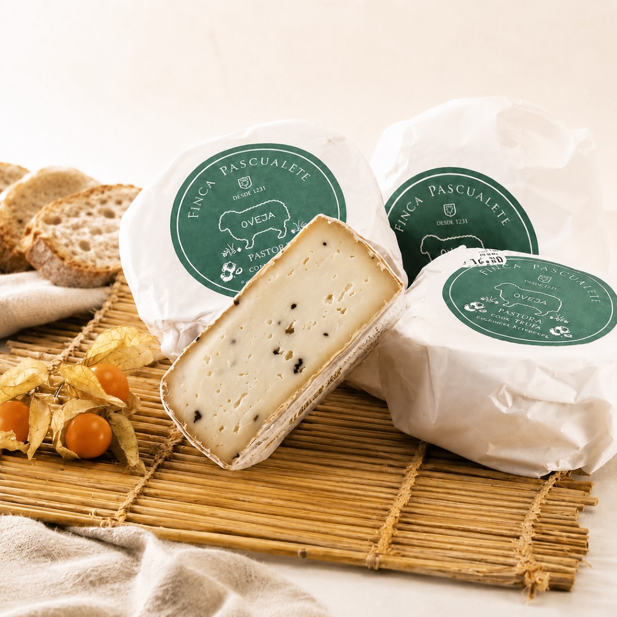 Queso de Oveja con Trufa Pastura Mini Finca Pascualete Servido Queso de Oveja con Trufa Pastura Mini Finca Pascualete servido con pan artesano y piezas envueltas
