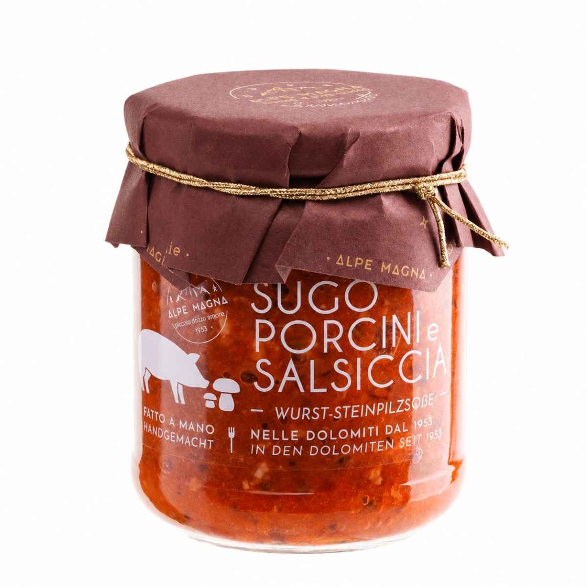 Salsa de Setas Porcini y Salchicha Alpe Magna 180 g Salsa de Setas Porcini y Salchicha Alpe Magna 180 g en tarro de vidrio