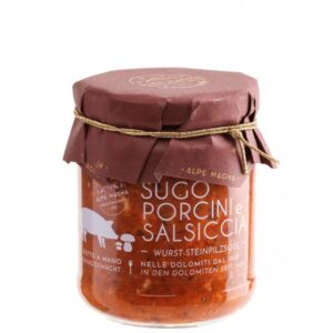 Salsa de setas porcini y salchicha Alpe Magna, ragú italiano artesanal elaborado en las Dolomitas.