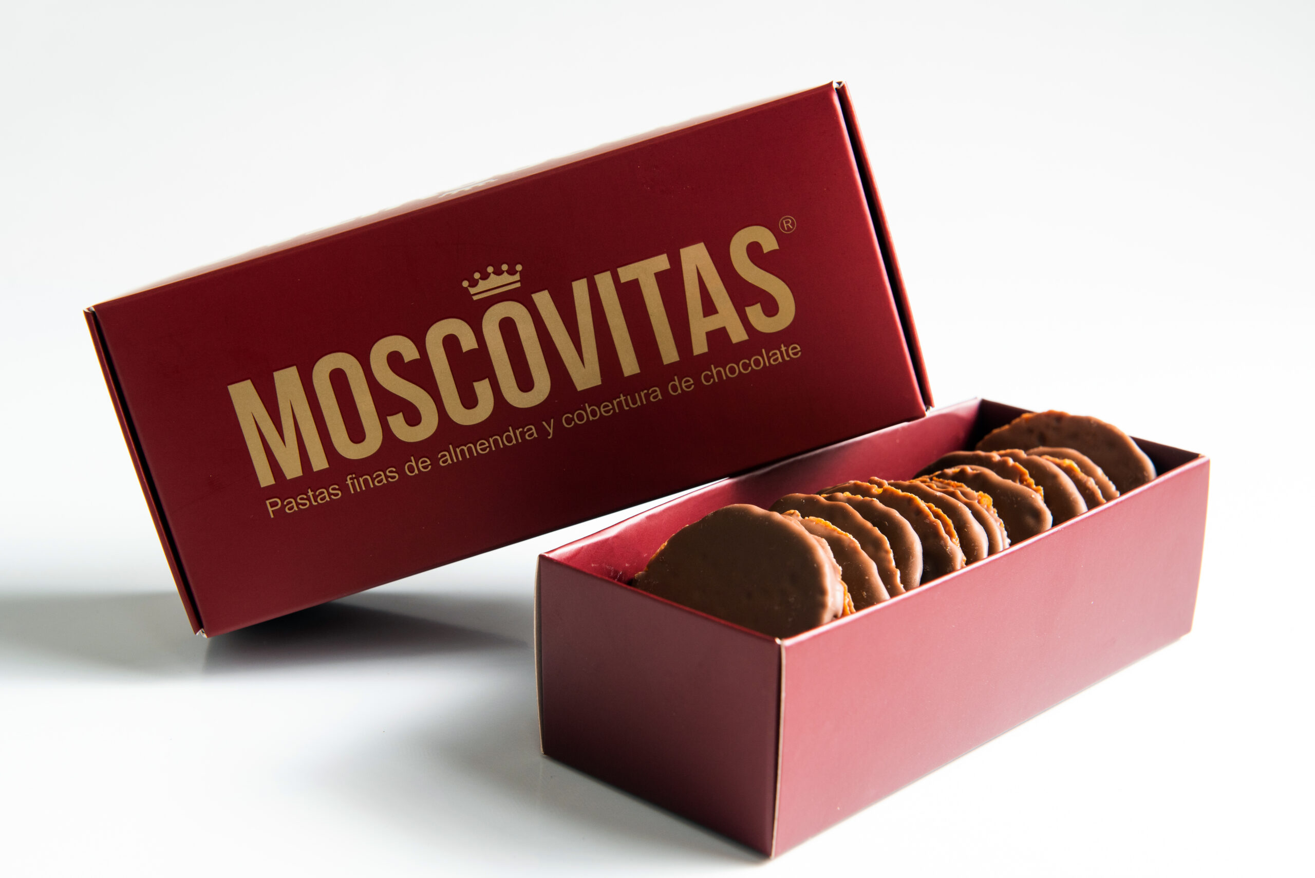 Moscovitas Clásicas 160 g · Pastas de Almendra y Chocolate Estuche Moscovitas clásicas 160 g pastas de almendra con chocolate