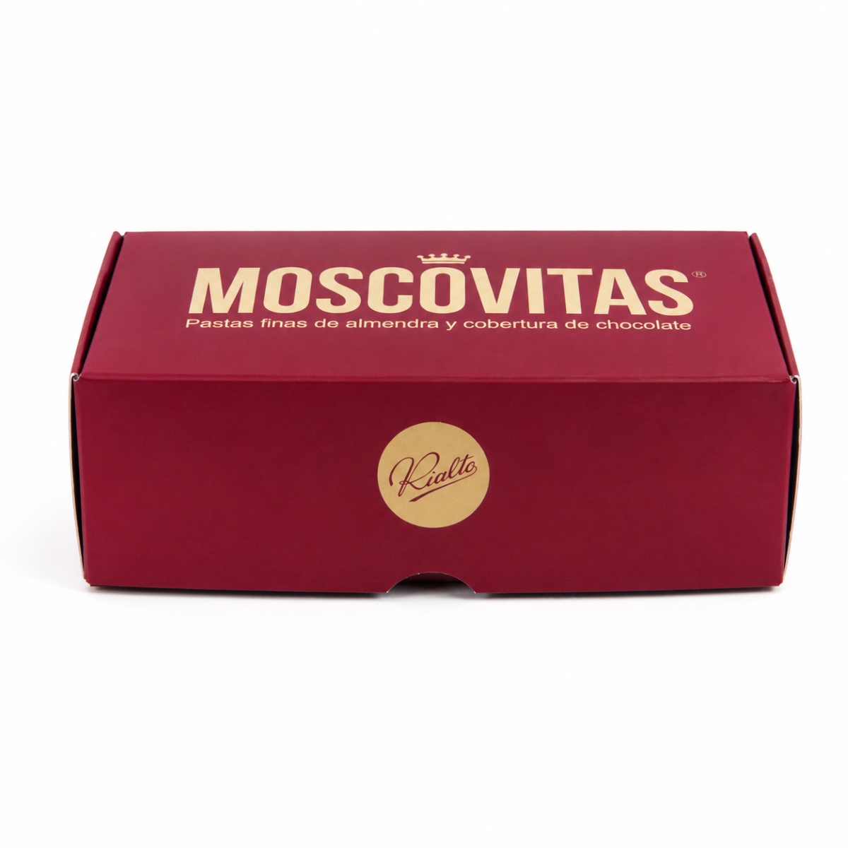 Moscovitas Clásicas Rialto de Almendra y Chocolate 160 g caja cerrada Moscovitas Clásicas Rialto de Almendra y Chocolate 160 g en caja roja cerrada
