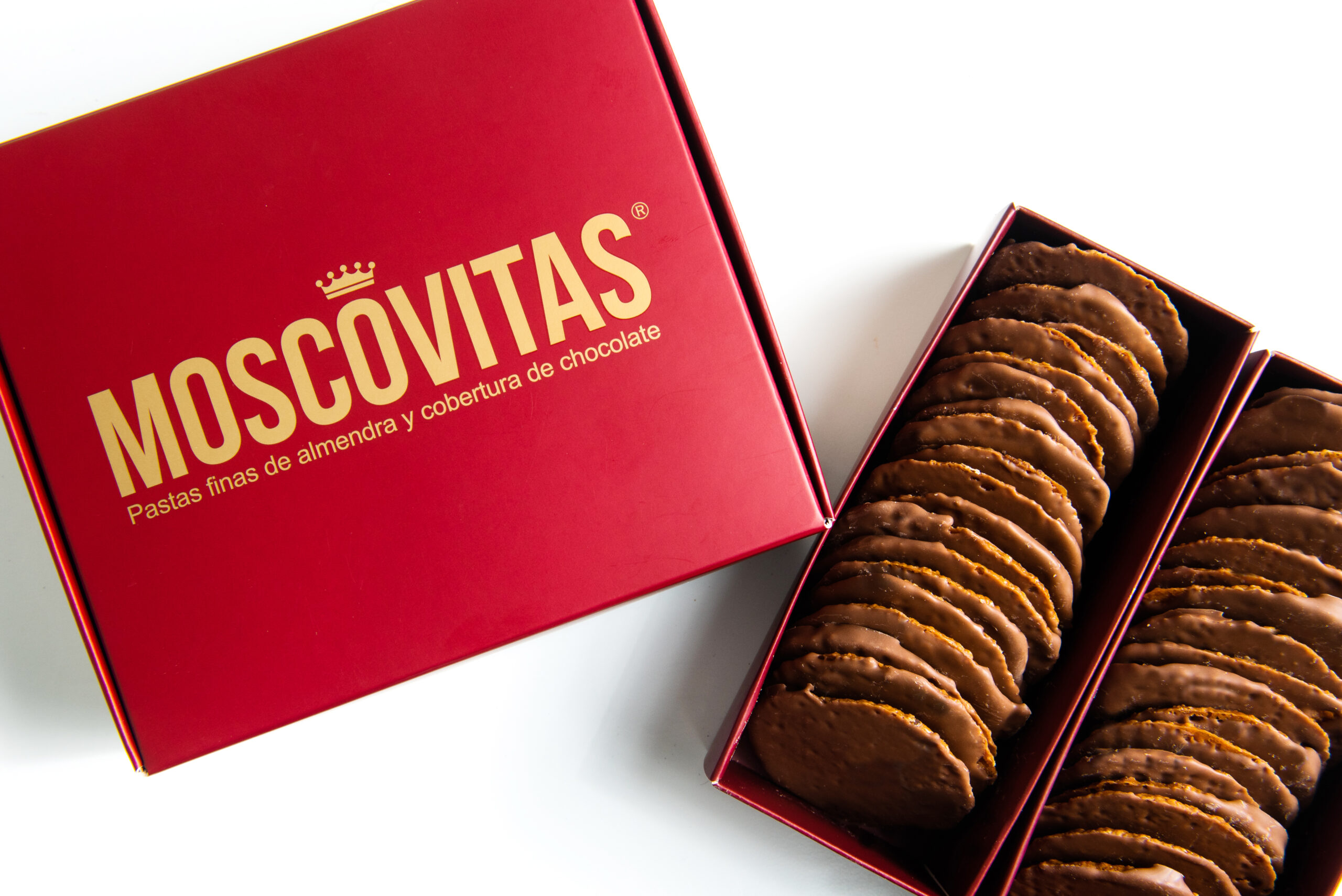 Moscovitas Clásicas 250 g · Estuche Gourmet Abierto Moscovitas clásicas almendra y chocolate 250 g estuche abierto