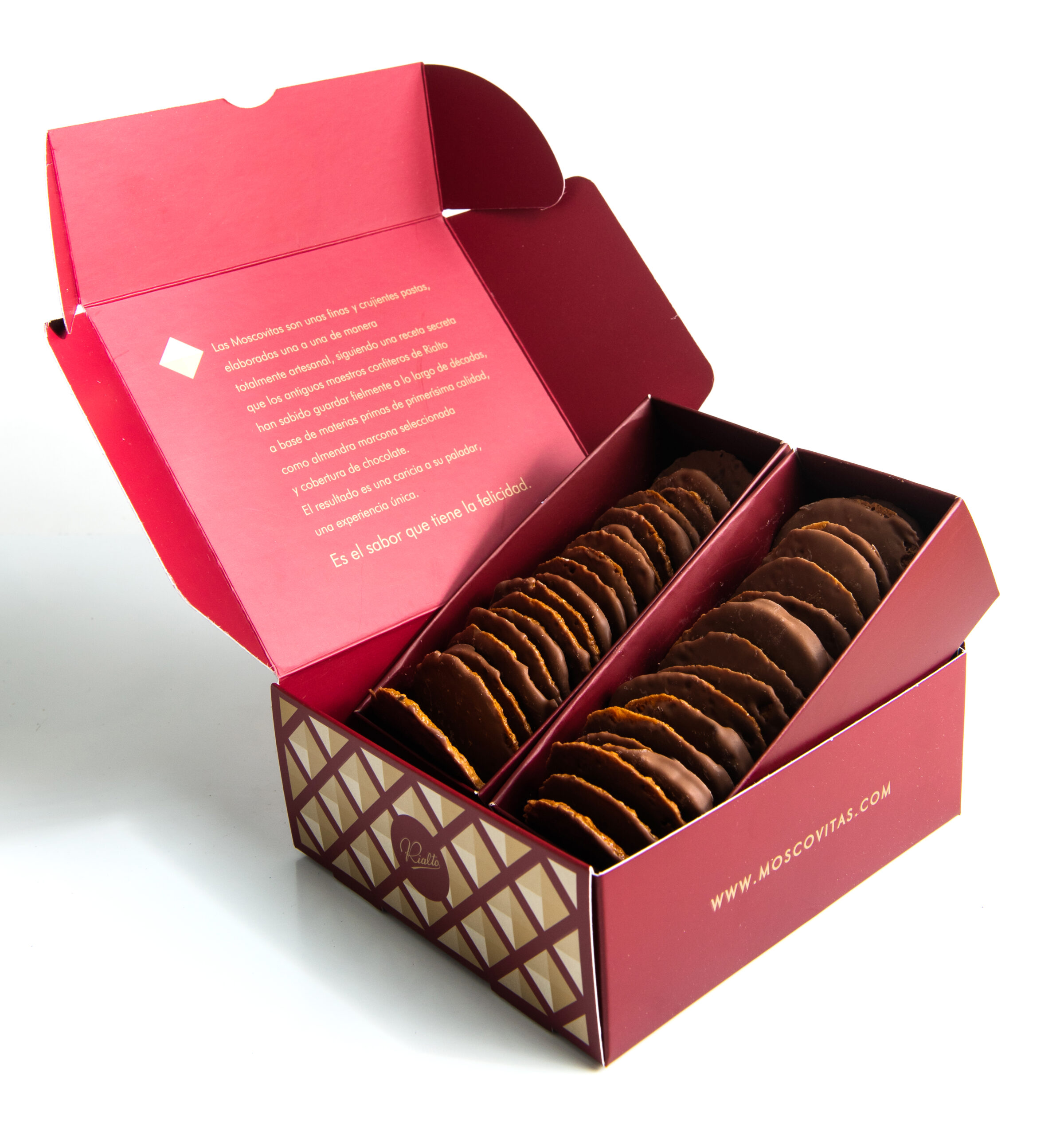 Moscovitas Clásicas 250 g · Almendra y Chocolate Artesano Moscovitas clásicas de almendra y chocolate 250 g estuche abierto