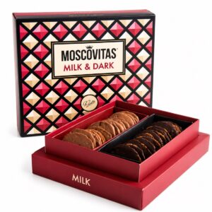 Moscovitas Mixtas Rialto de chocolate con leche y negro 320 g en caja abierta