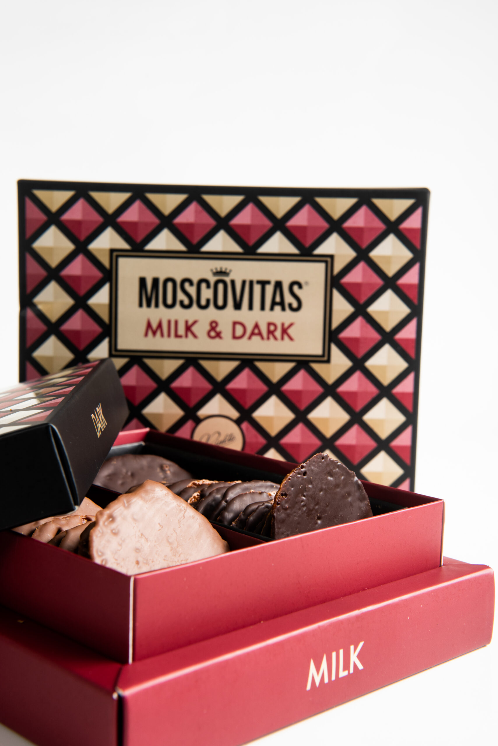Moscovitas Mixtas 320 g · Chocolate Leche y Negro Detalle moscovitas mixtas chocolate con leche y chocolate negro 320 g