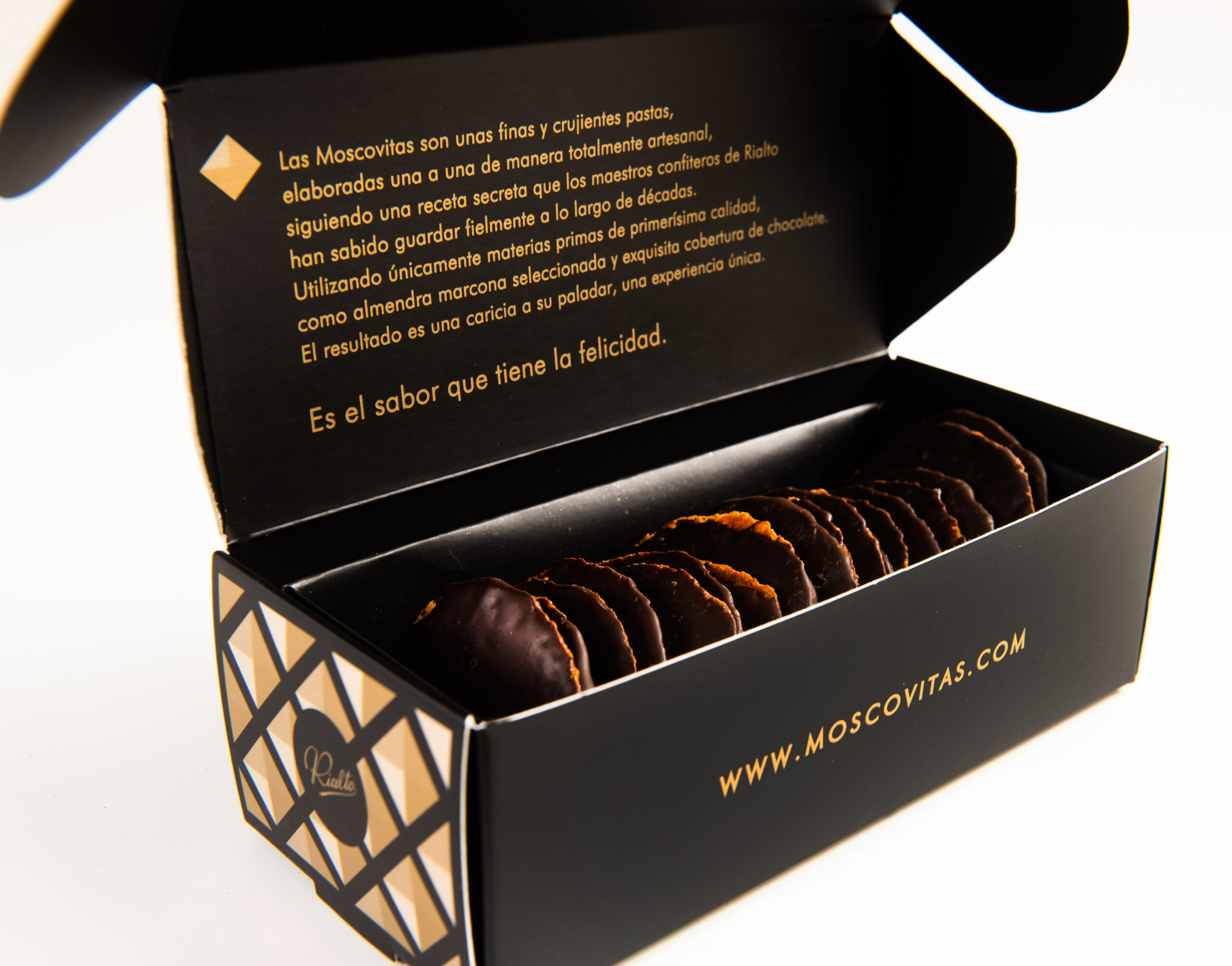 Moscovitas Chocolate Negro 160 g · Elaboración Artesanal Moscovitas de Almendra con Chocolate Negro 160g