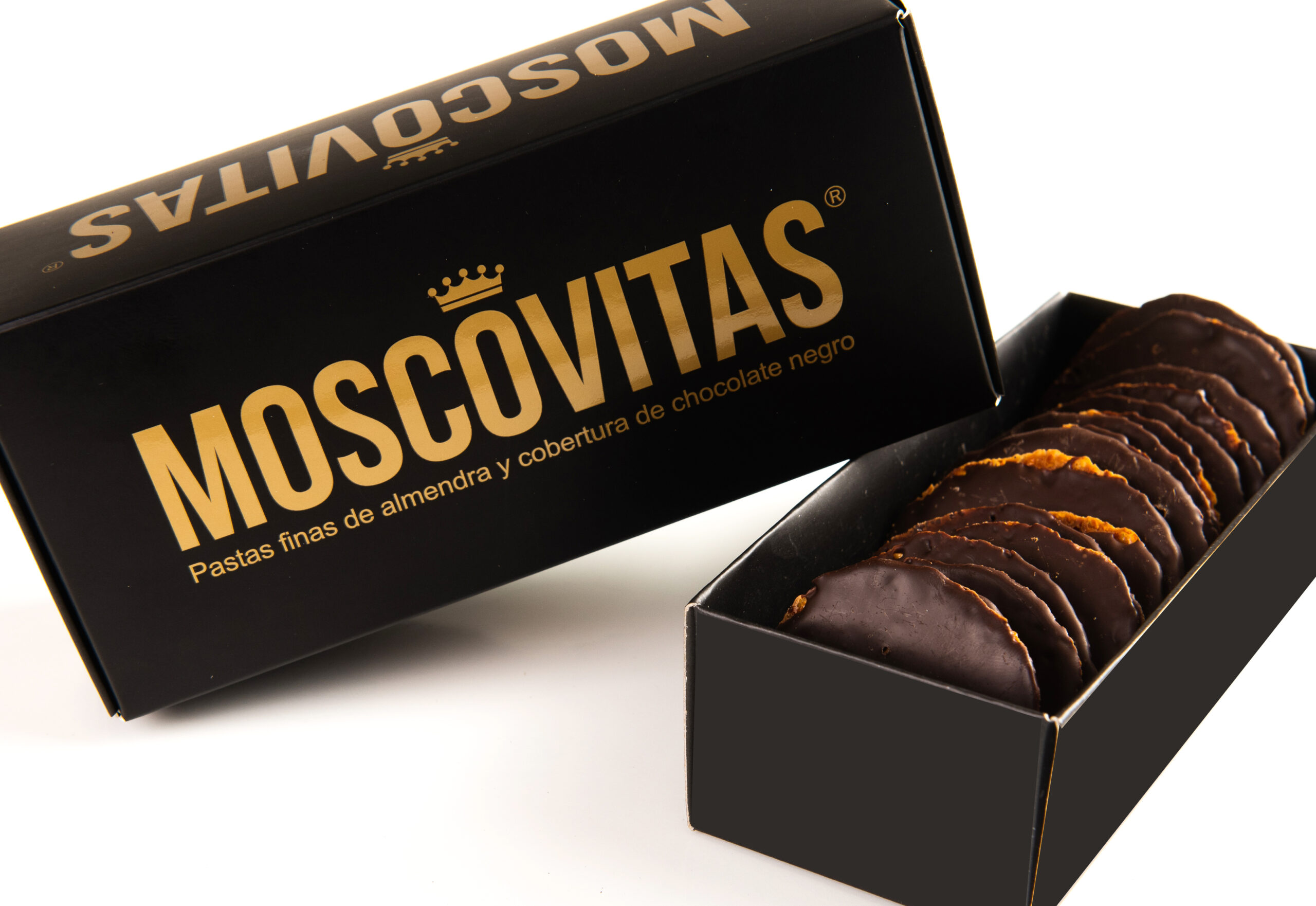 Moscovitas Chocolate Negro 160 g · Pastas Artesanas de Almendra Moscovitas de almendra con chocolate negro 160 g