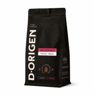 Café de Especialidad Descafeinado México Espresso D·Origen molido en bolsa negra sobre fondo blanco