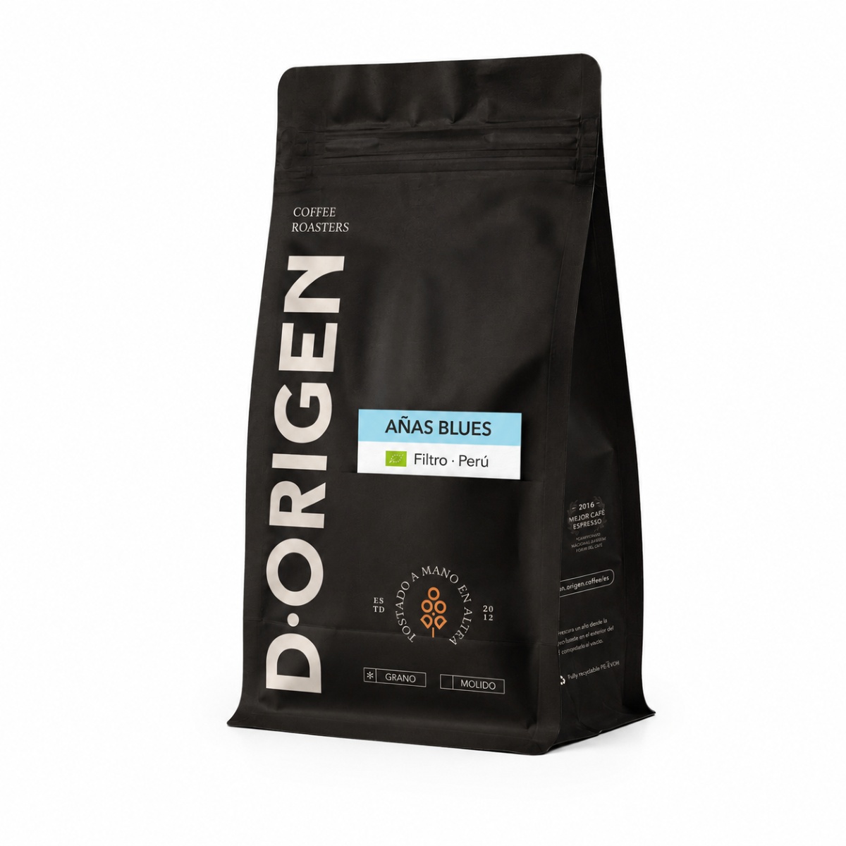 Café de Especialidad Perú Añas Blues Filtro D·Origen en Grano Café de Especialidad Perú Añas Blues Filtro D·Origen en grano, bolsa negra de café tostado de especialidad para filtro