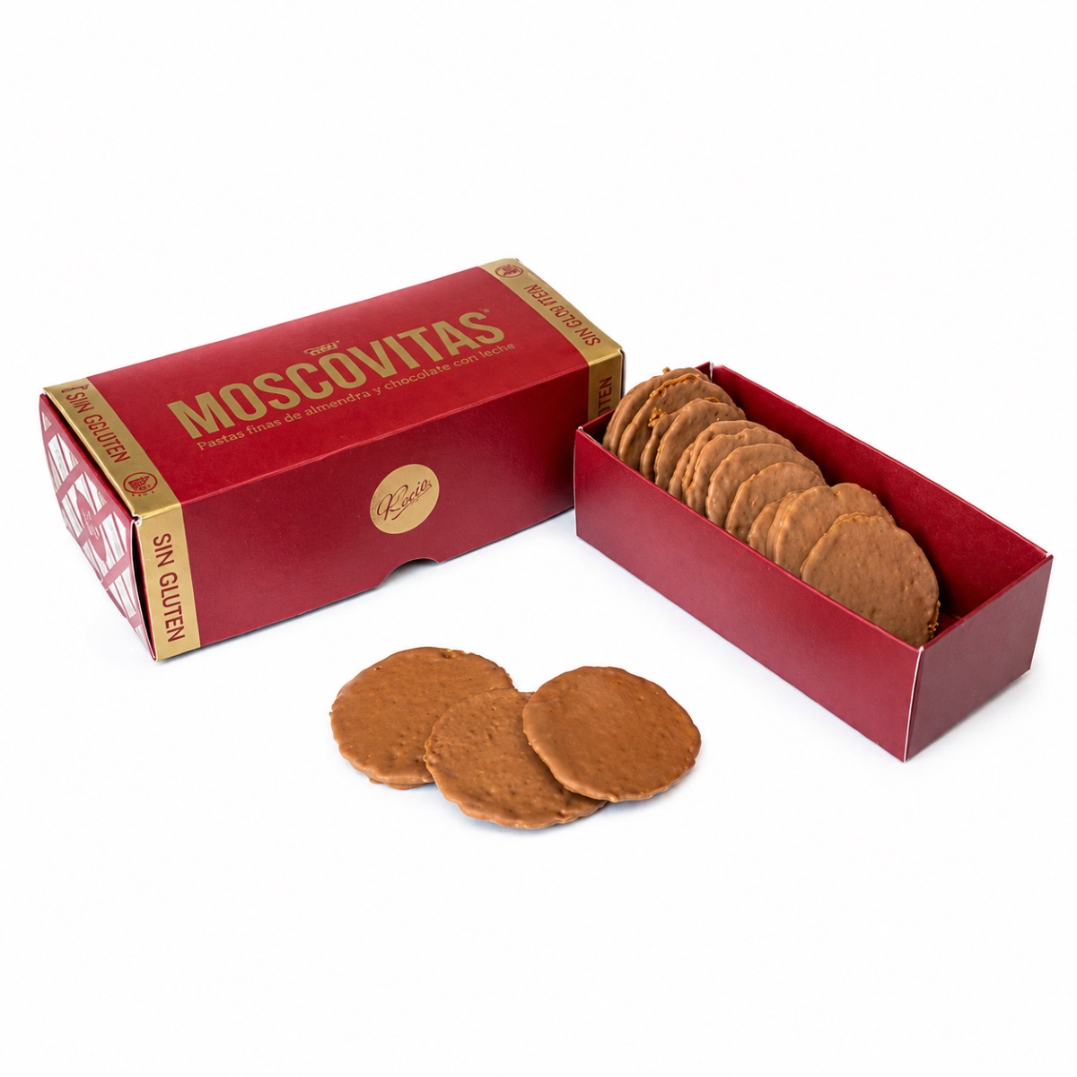 Moscovitas Clásicas Sin Gluten de Almendra y Chocolate Moscovitas Clásicas Sin Gluten de almendra y chocolate con leche en caja abierta sobre fondo blanco