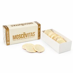 Moscovitas de Chocolate Blanco Sin Gluten Rialto 160 g con caja abierta y pastas