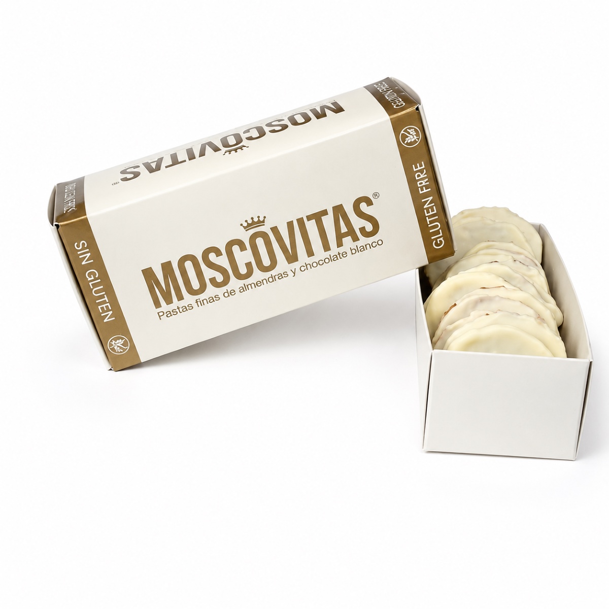 Moscovitas de Chocolate Blanco Sin Gluten Rialto 160 g Moscovitas de Chocolate Blanco Sin Gluten Rialto 160 g en caja blanca