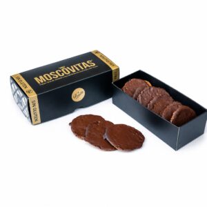 Moscovitas de Chocolate Negro Sin Gluten Rialto 160 g con caja abierta y pastas