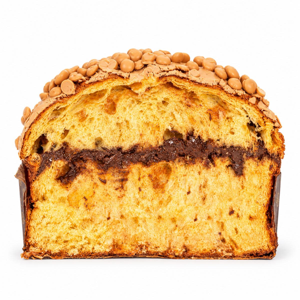Panettone Chococaramel De Vivo · 1 kg · Corte Interior Panettone Chococaramel De Vivo 1 kg cortado con relleno de chocolate y cobertura de caramelo