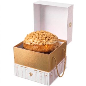 Panettone Chococaramel De Vivo 1 kg con cobertura de chocolate y caramelo, presentado en caja de regalo dorada abierta