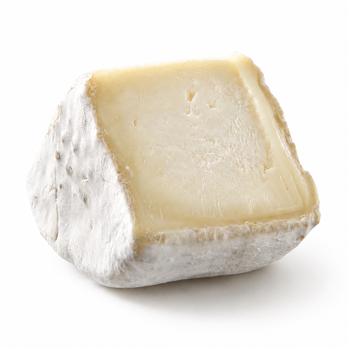 Queso de Cabra Petit Nevat Can Pujol Detalle Queso de Cabra Petit Nevat Can Pujol en porción cortada sobre fondo blanco