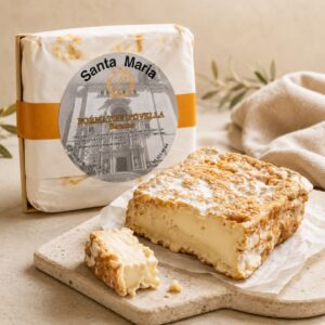 Queso de Oveja Santa Maria Formatge Bauma cortado con textura cremosa junto a su envoltorio original