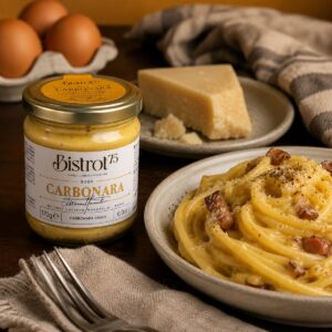Salsa Carbonara del Chef Monosilio Bistrot75 Tartuflanghe con pasta, guanciale, huevo y Parmigiano Reggiano