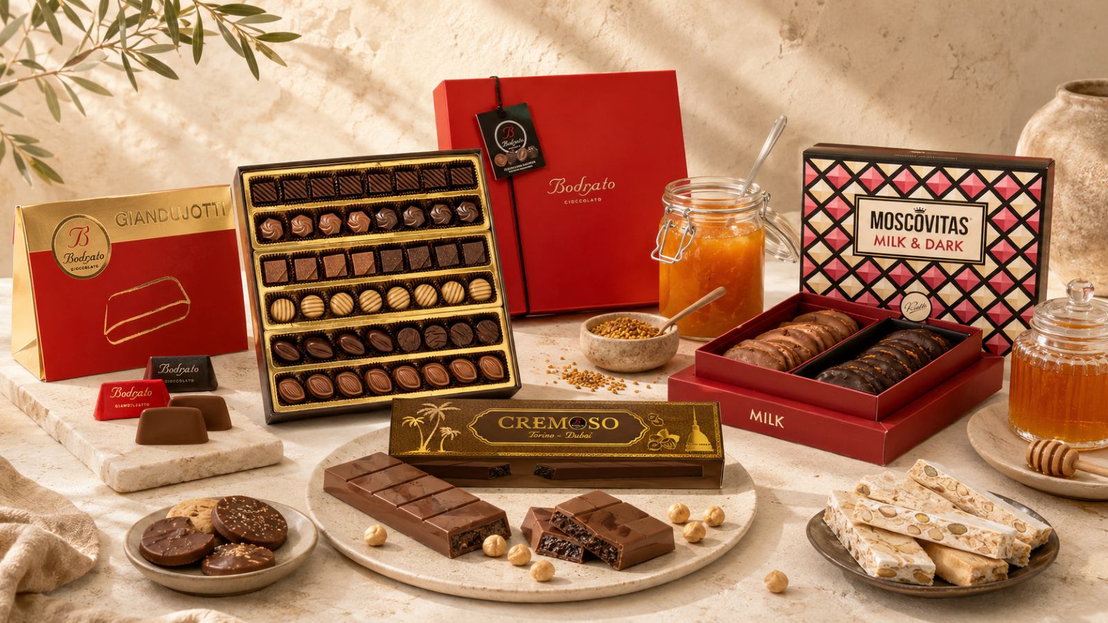 Dulces artesanales, café y chocolate para una cesta gourmet de sobremesa