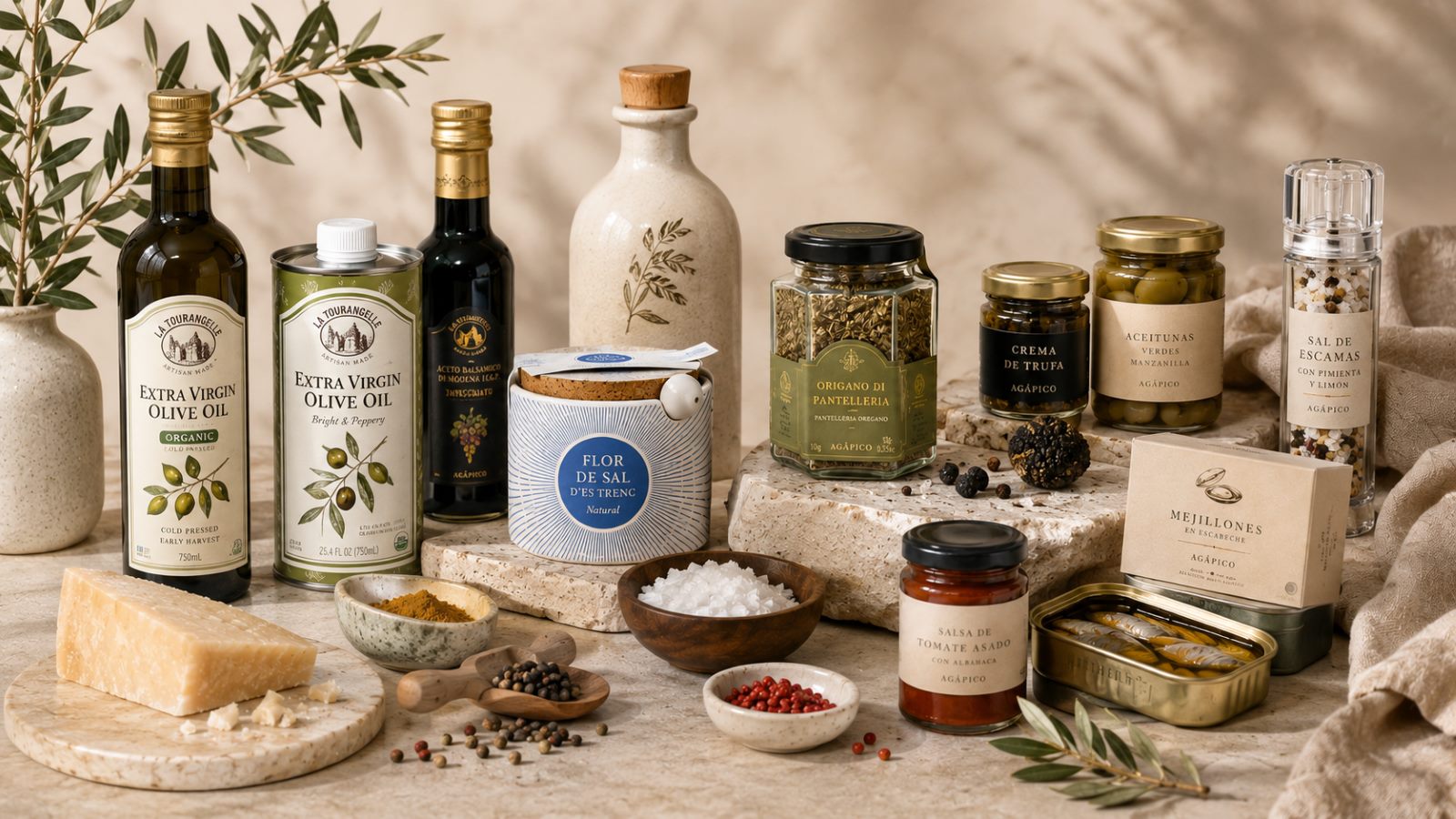 Novedades gourmet AGÁPICO con aceites, vinagre balsámico, flor de sal, especias, aceitunas, conservas y trufa