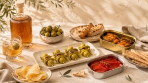 Aperitivo gourmet en casa con gildas, conservas, aceitunas, vermut, patatas fritas y crackers