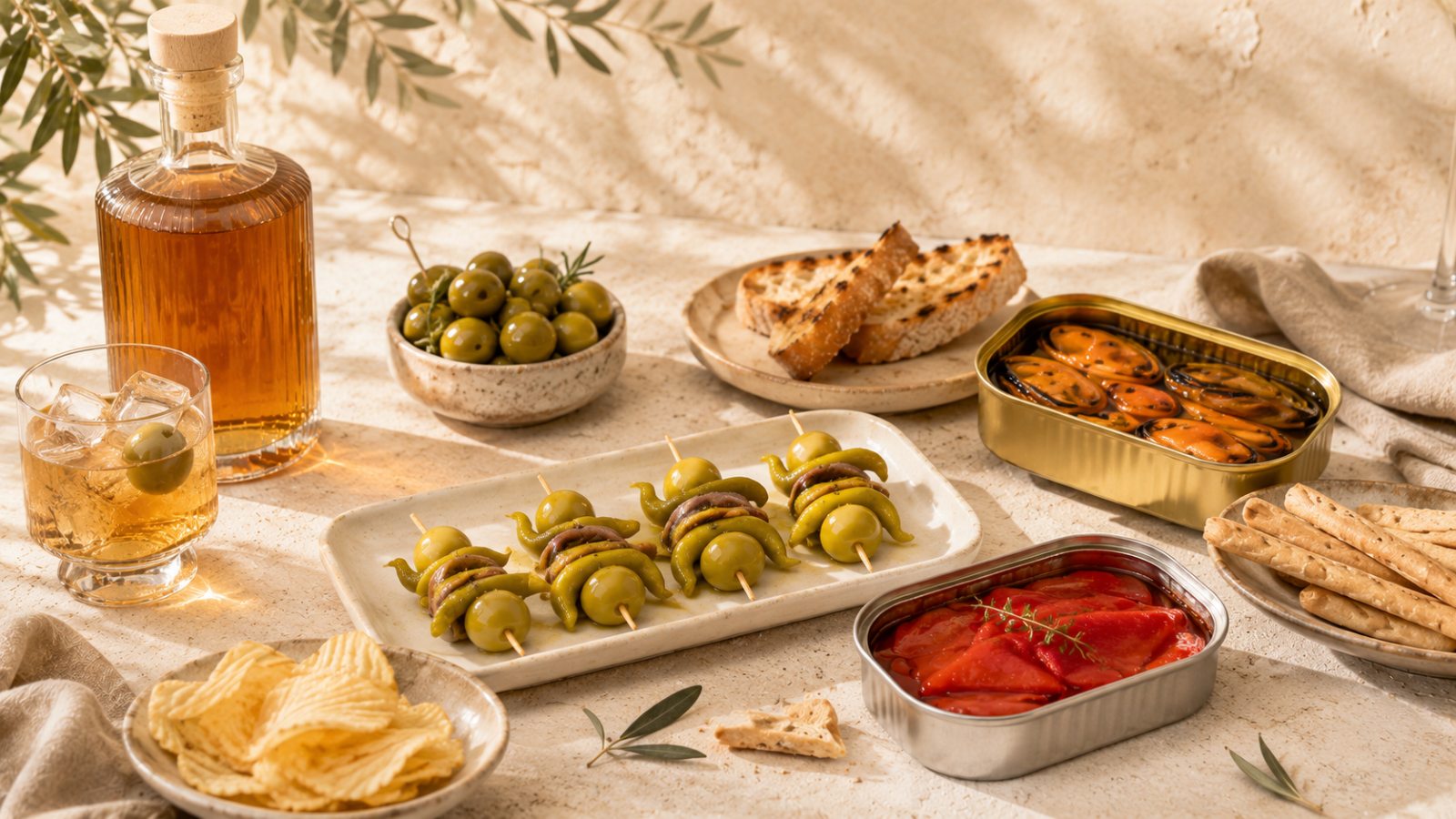 Aperitivo gourmet en casa con gildas, conservas, aceitunas, vermut, patatas fritas y crackers