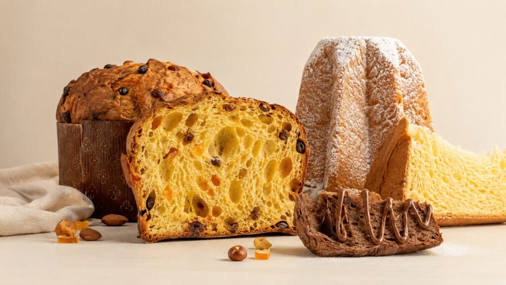 Cabecera de panettones y pandoros AGÁPICO con panettone artesanal, pandoro nevado y porción de chocolate