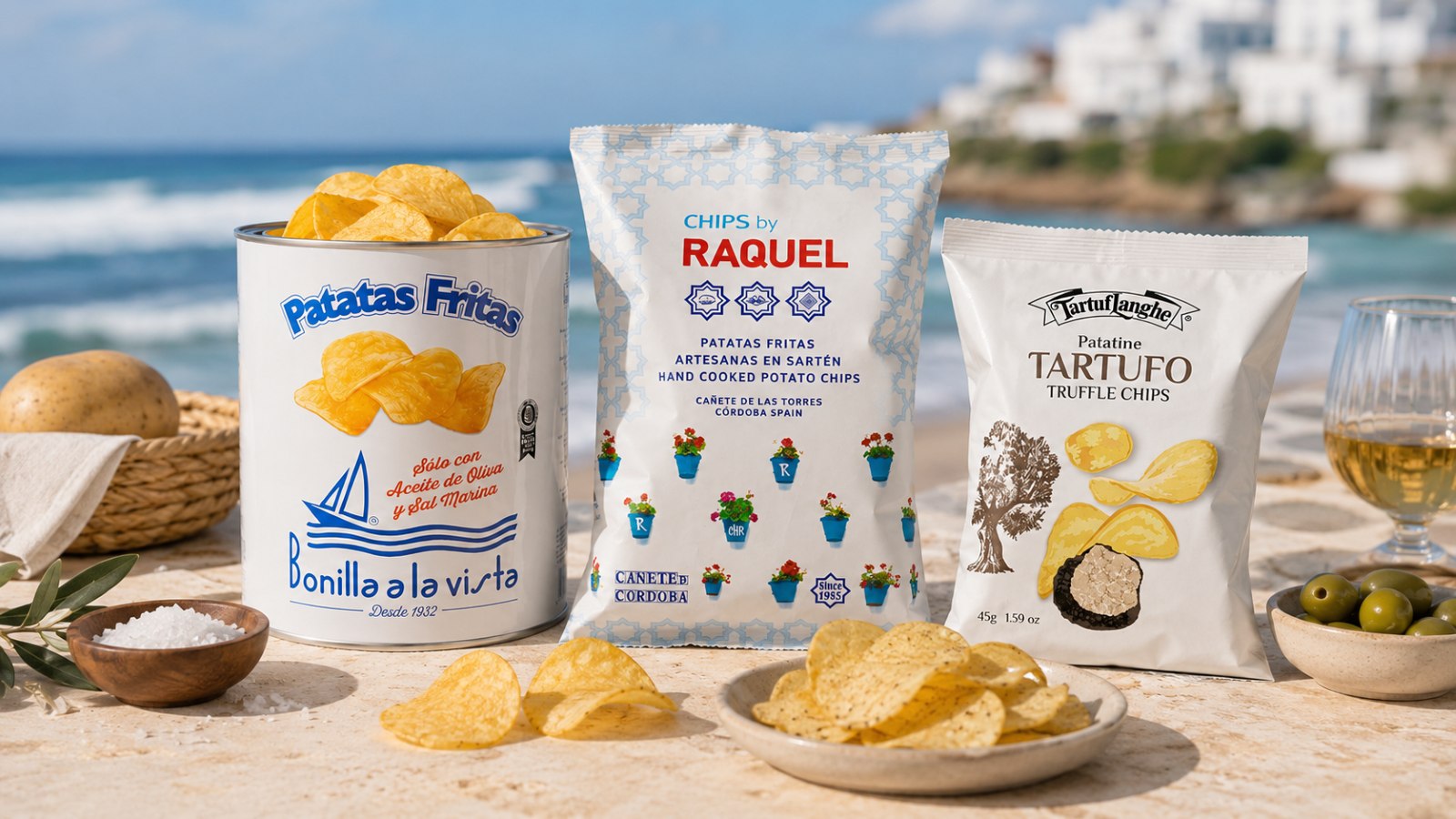 Patatas fritas crackers y grisines para acompañar un aperitivo gourmet